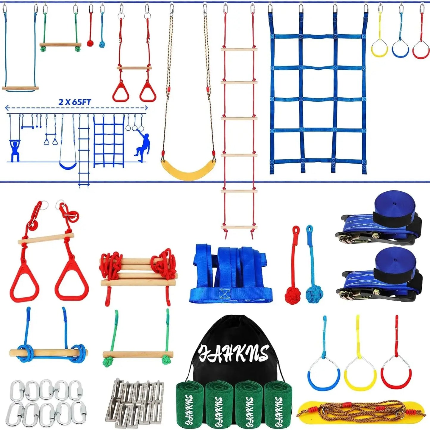 65 FT Warrior Course for Kids with 12 Accessories - 600Lbs Weight Capacity, Slackline with Swing Seat, Disc Swing,Rope Ladder, Arm Trainer Playground Equipment Climbing Net Ninja Obstacles Gymnastic Ring Adjustable