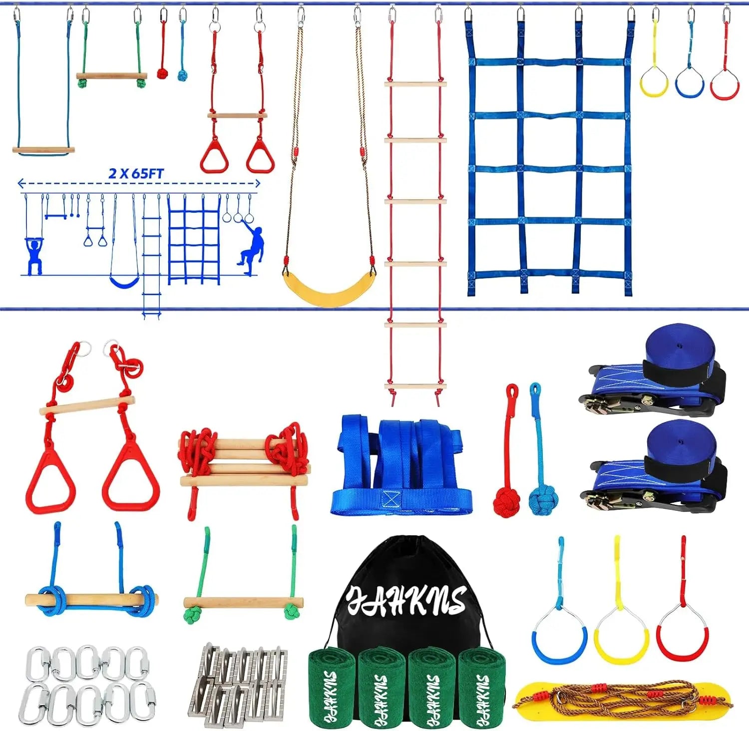 65 FT Warrior Course for Kids with 12 Accessories - 600Lbs Weight Capacity, Slackline with Swing Seat, Disc Swing,Rope Ladder, Arm Trainer Playground Equipment Climbing Net Ninja Obstacles Gymnastic Ring Adjustable