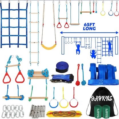 65 FT Warrior Course for Kids with 12 Accessories - 600Lbs Weight Capacity, Slackline with Swing Seat, Disc Swing,Rope Ladder, Arm Trainer Playground Equipment Climbing Net Ninja Obstacles Gymnastic Ring Adjustable