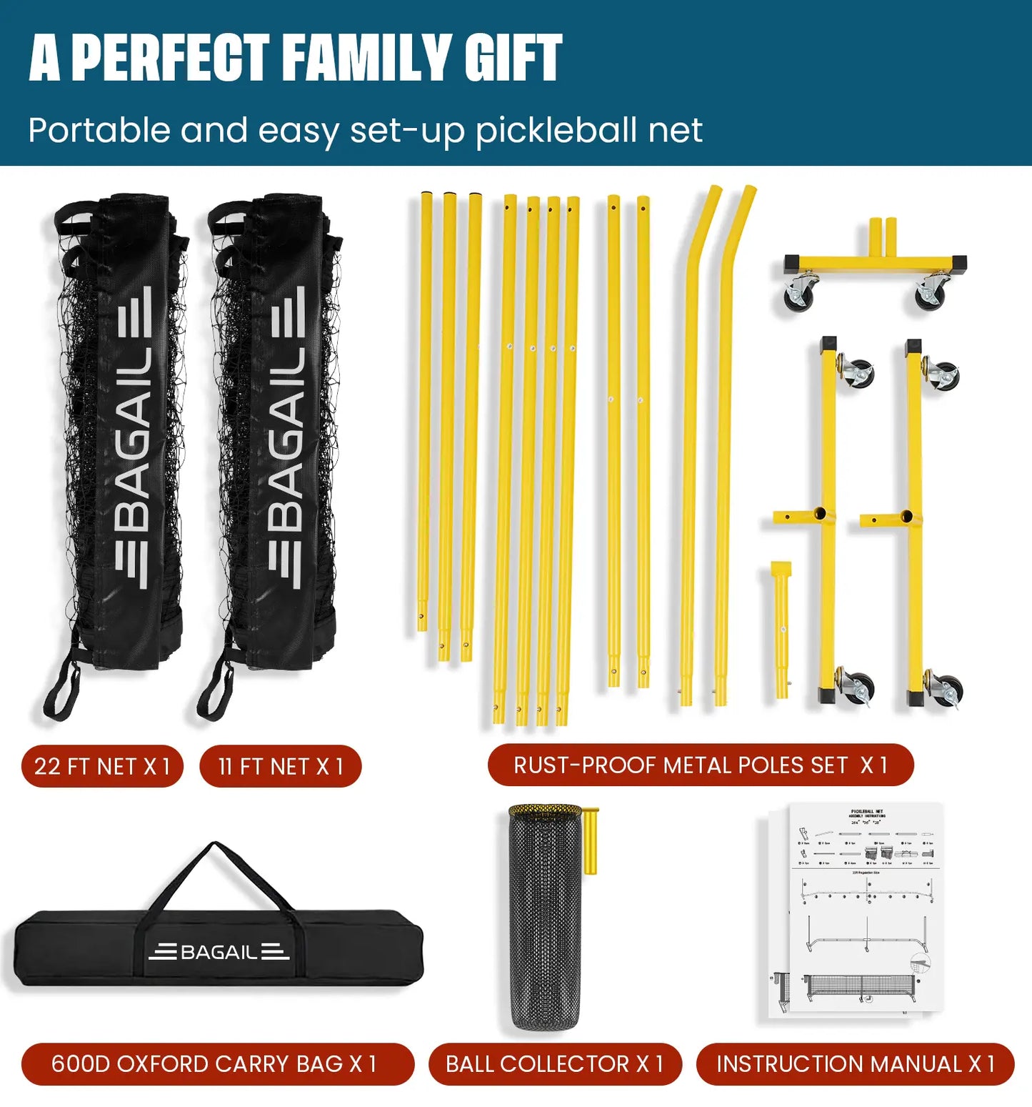 Elevate Your Game with the Bagail Portable Pickleball Net Set - 22 FT Regulation & 11 FT Half Court Sizes, Complete with Wheels, Ball Collector, Carry Bag, and 4 Pickle Balls for Ultimate Fun!