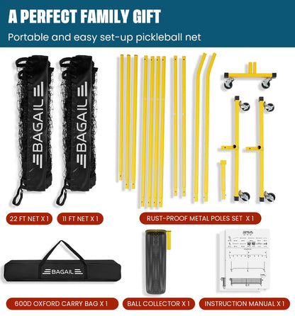 Elevate Your Game with the Bagail Portable Pickleball Net Set - 22 FT Regulation & 11 FT Half Court Sizes, Complete with Wheels, Ball Collector, Carry Bag, and 4 Pickle Balls for Ultimate Fun!