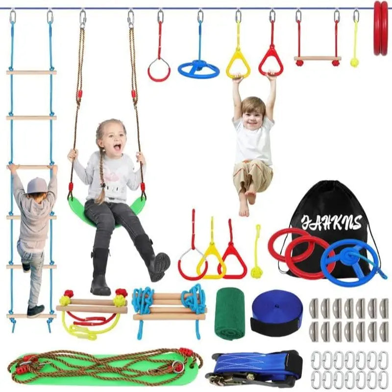 65 FT Warrior Course for Kids with 12 Accessories - 600Lbs Weight Capacity, Slackline with Swing Seat, Disc Swing,Rope Ladder, Arm Trainer Playground Equipment Climbing Net Ninja Obstacles Gymnastic Ring Adjustable