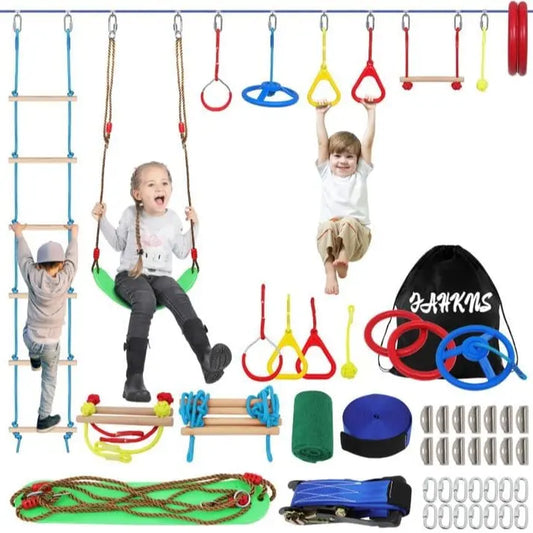 65 FT Warrior Course for Kids with 12 Accessories - 600Lbs Weight Capacity, Slackline with Swing Seat, Disc Swing,Rope Ladder, Arm Trainer Playground Equipment Climbing Net Ninja Obstacles Gymnastic Ring Adjustable