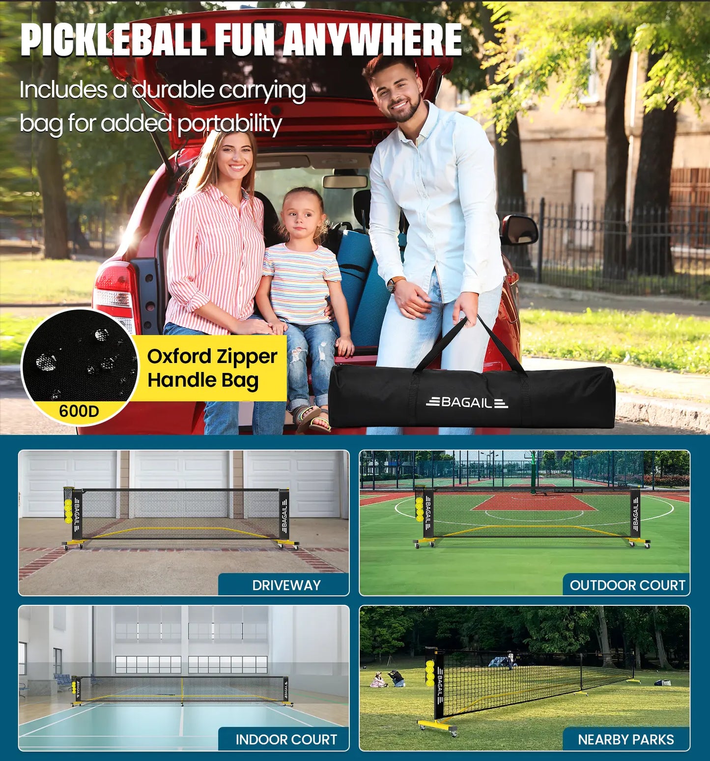 Elevate Your Game with the Bagail Portable Pickleball Net Set - 22 FT Regulation & 11 FT Half Court Sizes, Complete with Wheels, Ball Collector, Carry Bag, and 4 Pickle Balls for Ultimate Fun!