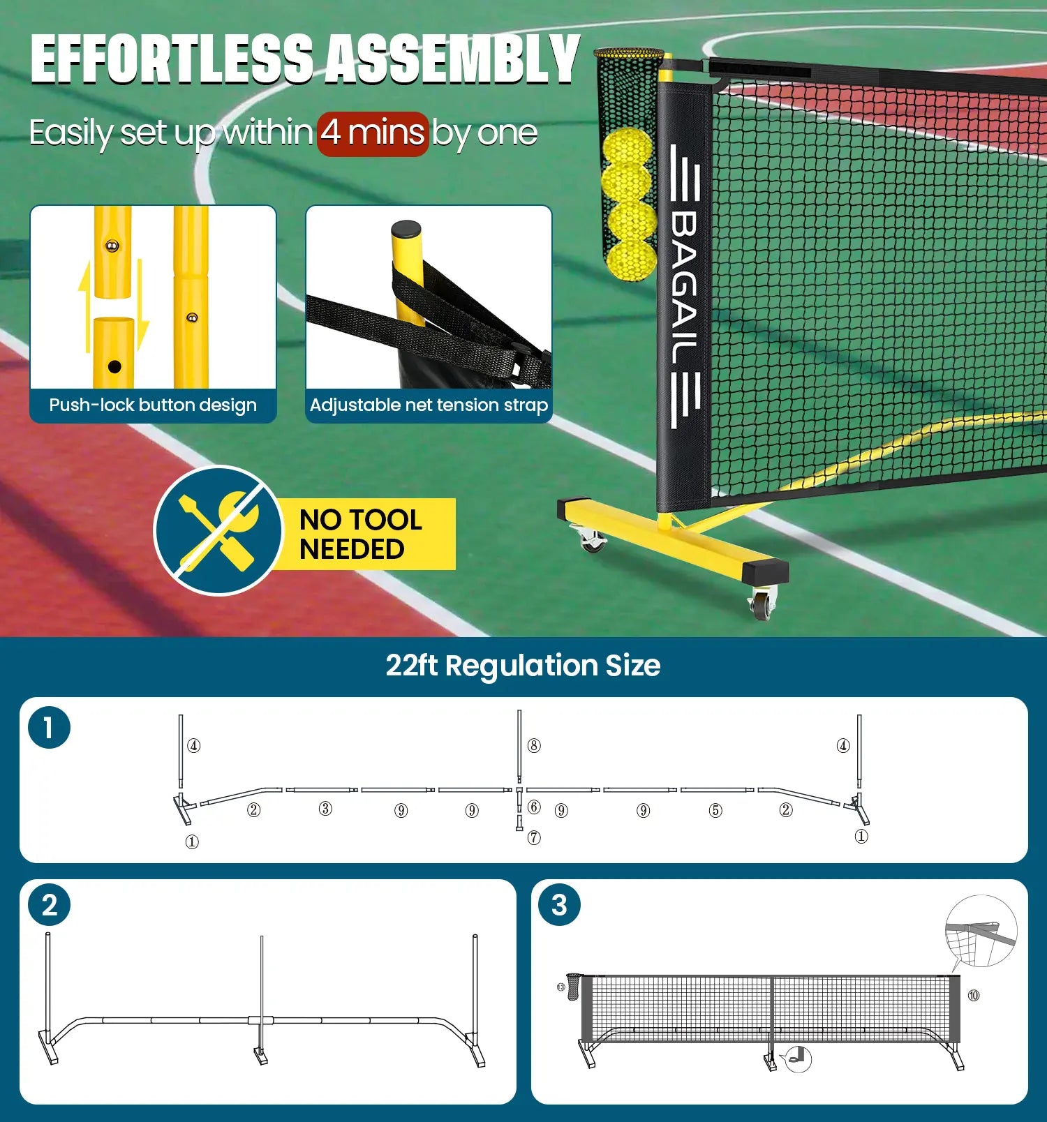 Elevate Your Game with the Bagail Portable Pickleball Net Set - 22 FT Regulation & 11 FT Half Court Sizes, Complete with Wheels, Ball Collector, Carry Bag, and 4 Pickle Balls for Ultimate Fun!