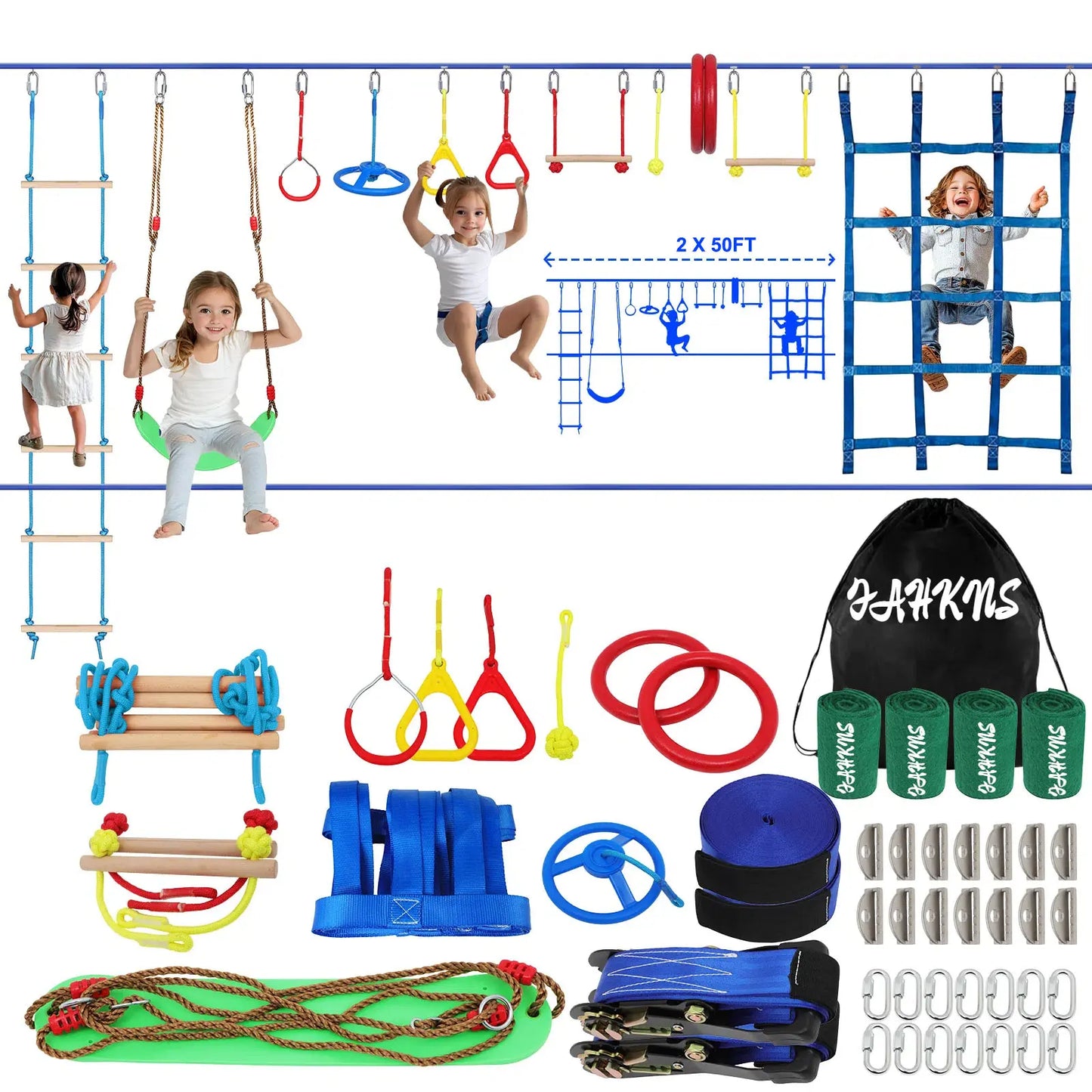 65 FT Warrior Course for Kids with 12 Accessories - 600Lbs Weight Capacity, Slackline with Swing Seat, Disc Swing,Rope Ladder, Arm Trainer Playground Equipment Climbing Net Ninja Obstacles Gymnastic Ring Adjustable