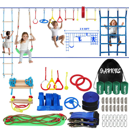 65 FT Warrior Course for Kids with 12 Accessories - 600Lbs Weight Capacity, Slackline with Swing Seat, Disc Swing,Rope Ladder, Arm Trainer Playground Equipment Climbing Net Ninja Obstacles Gymnastic Ring Adjustable