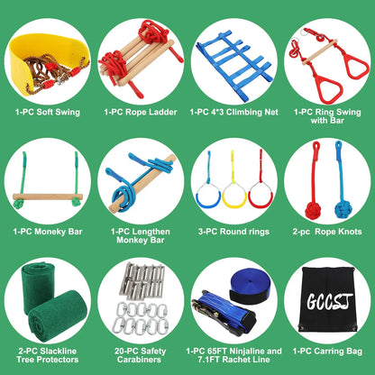 65 FT Warrior Course for Kids with 12 Accessories - 600Lbs Weight Capacity, Slackline with Swing Seat, Disc Swing,Rope Ladder, Arm Trainer Playground Equipment Climbing Net Ninja Obstacles Gymnastic Ring Adjustable