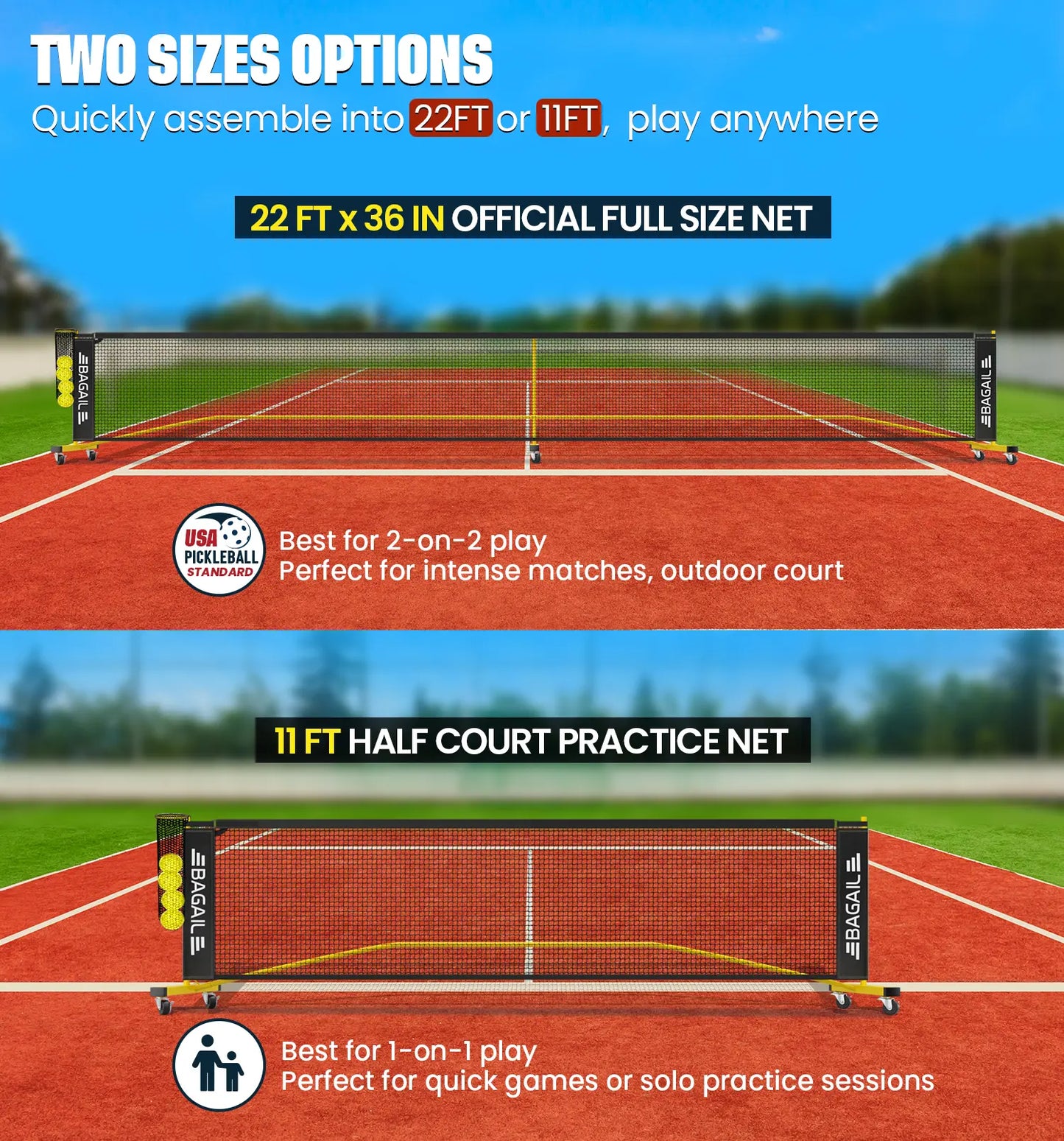 Elevate Your Game with the Bagail Portable Pickleball Net Set - 22 FT Regulation & 11 FT Half Court Sizes, Complete with Wheels, Ball Collector, Carry Bag, and 4 Pickle Balls for Ultimate Fun!