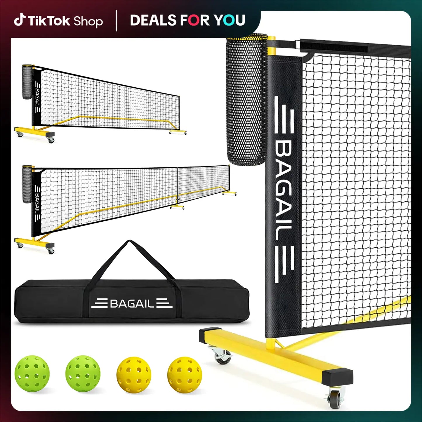 Elevate Your Game with the Bagail Portable Pickleball Net Set - 22 FT Regulation & 11 FT Half Court Sizes, Complete with Wheels, Ball Collector, Carry Bag, and 4 Pickle Balls for Ultimate Fun!