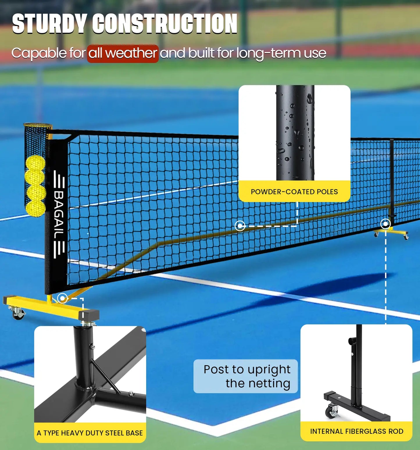 Elevate Your Game with the Bagail Portable Pickleball Net Set - 22 FT Regulation & 11 FT Half Court Sizes, Complete with Wheels, Ball Collector, Carry Bag, and 4 Pickle Balls for Ultimate Fun!