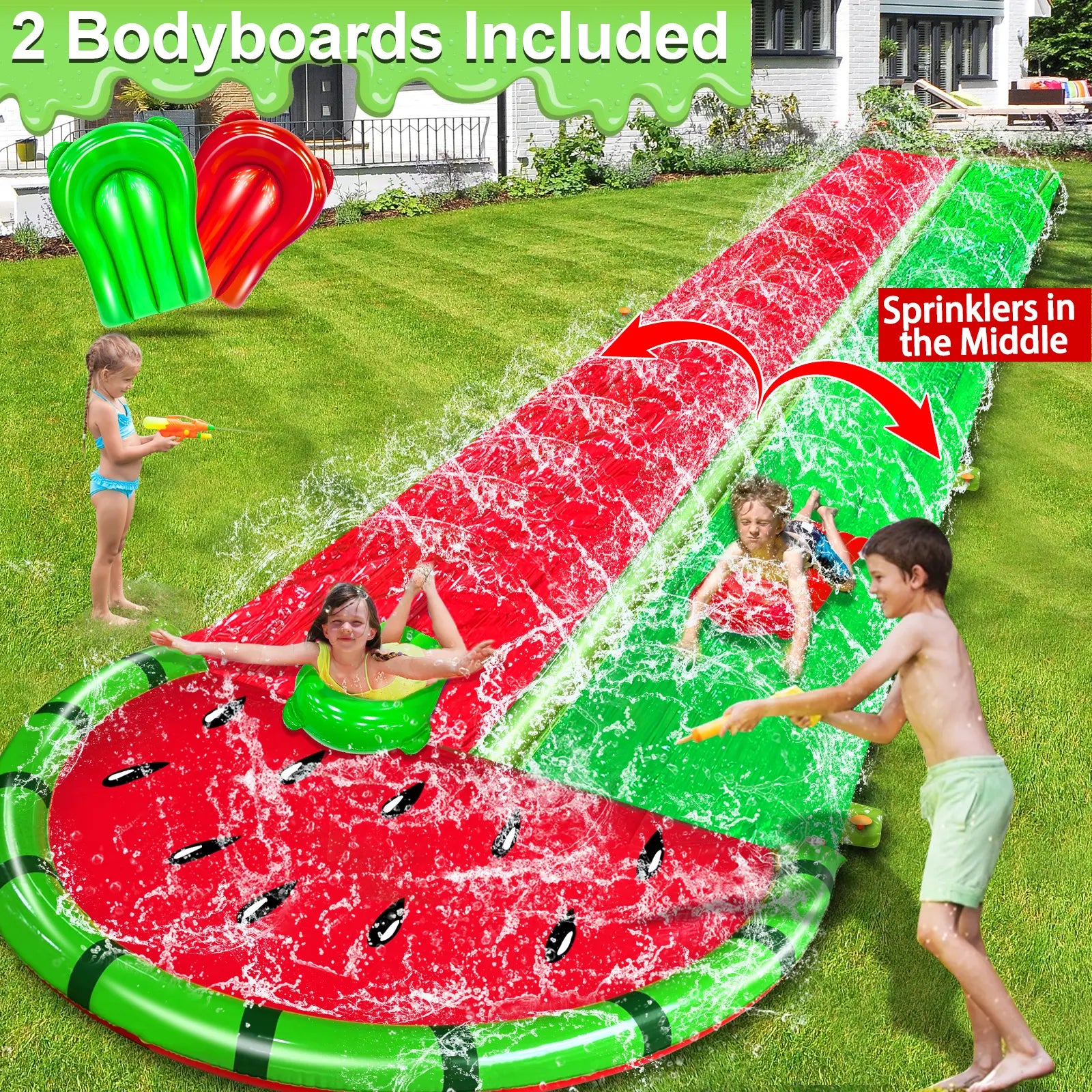 Dive into Summer Fun with the 3 Sided Watermelon Lawn Water Slide - Includes 2 Bodyboards for Ultimate Racing Action!