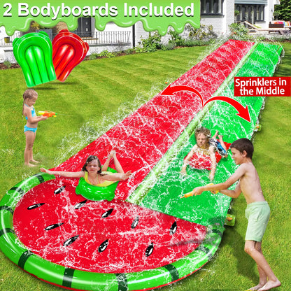 Dive into Summer Fun with the 3 Sided Watermelon Lawn Water Slide - Includes 2 Bodyboards for Ultimate Racing Action!