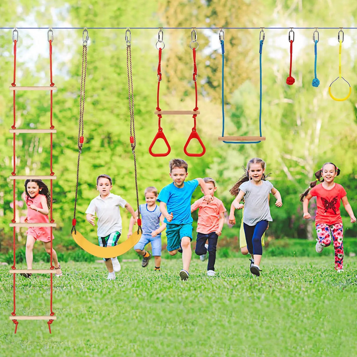 65 FT Warrior Course for Kids with 12 Accessories - 600Lbs Weight Capacity, Slackline with Swing Seat, Disc Swing,Rope Ladder, Arm Trainer Playground Equipment Climbing Net Ninja Obstacles Gymnastic Ring Adjustable