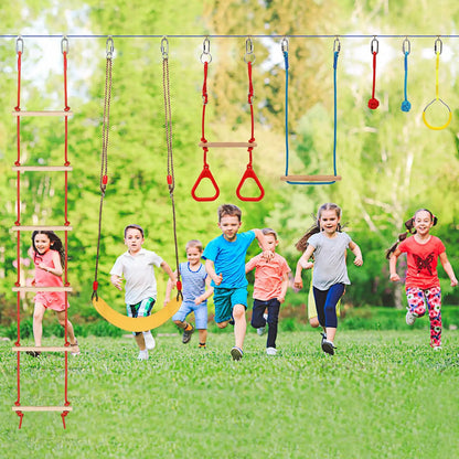 65 FT Warrior Course for Kids with 12 Accessories - 600Lbs Weight Capacity, Slackline with Swing Seat, Disc Swing,Rope Ladder, Arm Trainer Playground Equipment Climbing Net Ninja Obstacles Gymnastic Ring Adjustable