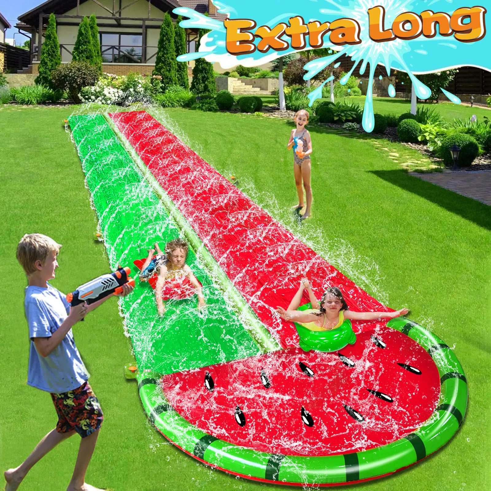 Dive into Summer Fun with the 3 Sided Watermelon Lawn Water Slide - Includes 2 Bodyboards for Ultimate Racing Action!