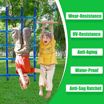 65 FT Warrior Course for Kids with 12 Accessories - 600Lbs Weight Capacity, Slackline with Swing Seat, Disc Swing,Rope Ladder, Arm Trainer Playground Equipment Climbing Net Ninja Obstacles Gymnastic Ring Adjustable