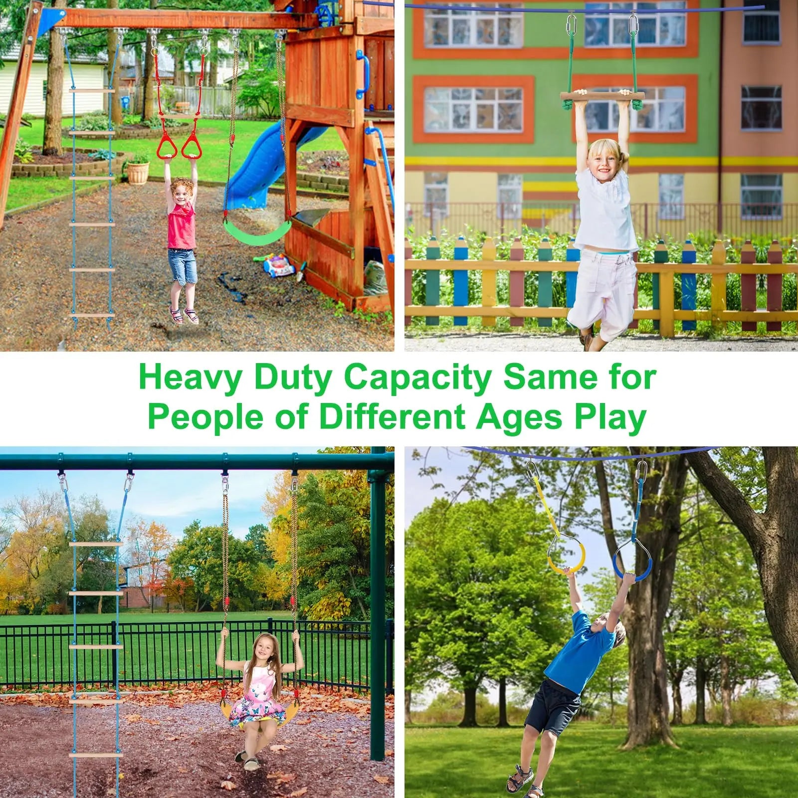 65 FT Warrior Course for Kids with 12 Accessories - 600Lbs Weight Capacity, Slackline with Swing Seat, Disc Swing,Rope Ladder, Arm Trainer Playground Equipment Climbing Net Ninja Obstacles Gymnastic Ring Adjustable