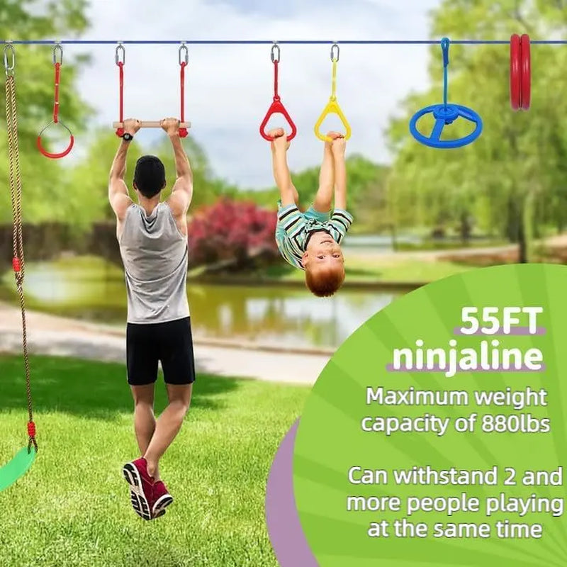 65 FT Warrior Course for Kids with 12 Accessories - 600Lbs Weight Capacity, Slackline with Swing Seat, Disc Swing,Rope Ladder, Arm Trainer Playground Equipment Climbing Net Ninja Obstacles Gymnastic Ring Adjustable