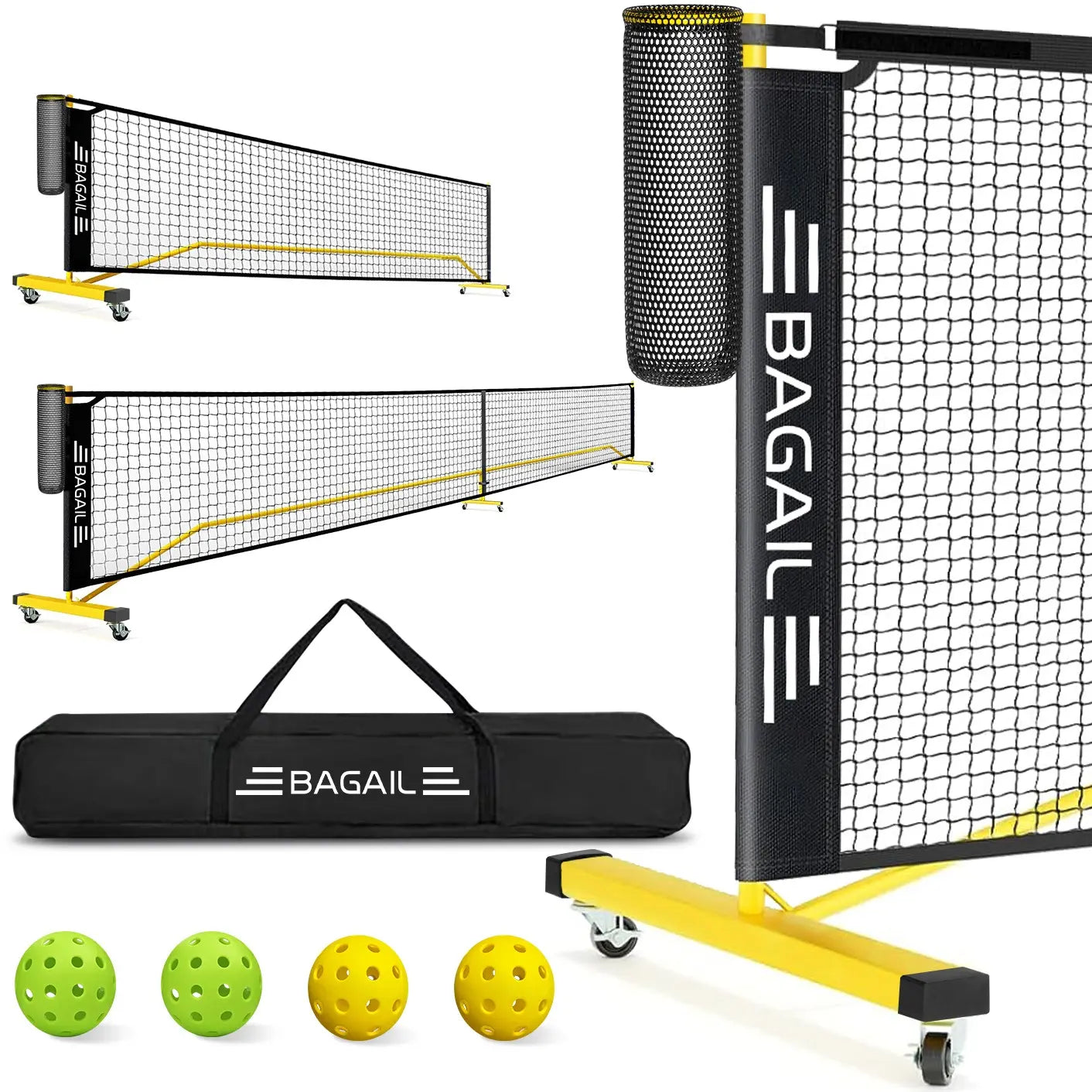 Elevate Your Game with the Bagail Portable Pickleball Net Set - 22 FT Regulation & 11 FT Half Court Sizes, Complete with Wheels, Ball Collector, Carry Bag, and 4 Pickle Balls for Ultimate Fun!
