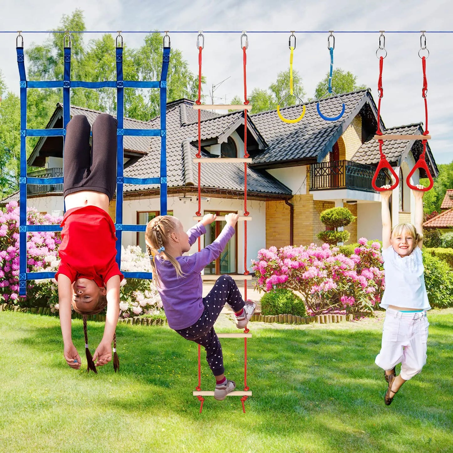 65 FT Warrior Course for Kids with 12 Accessories - 600Lbs Weight Capacity, Slackline with Swing Seat, Disc Swing,Rope Ladder, Arm Trainer Playground Equipment Climbing Net Ninja Obstacles Gymnastic Ring Adjustable